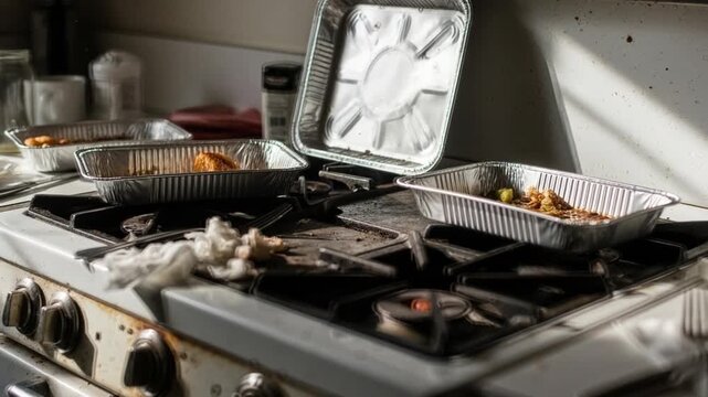 Camera zooms into dirty gas stove covered in grease and old food containers with leftover meals in messy kitchen