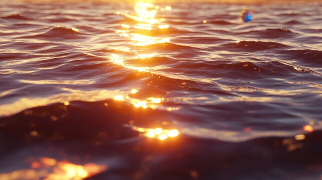 Golden hour sunset reflections shimmer on calm water surface showcasing nature's tranquil beauty