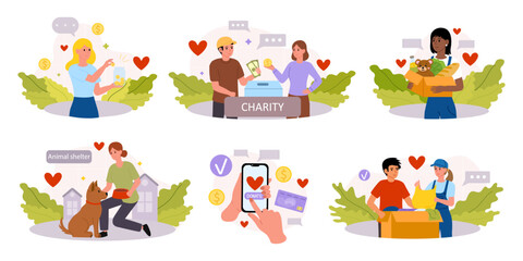 Fototapeta premium Charity set. Different kinds of charity. Animal shelter. Monetary donations. Clothing and food donations. Volunteers Help