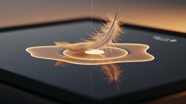 A delicate feather hovers above a glowing circle on a sleek smartphone screen at sunset