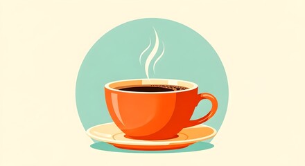 Steaming Hot Orange Coffee Cup Filled with Rich Dark Brew on Saucer