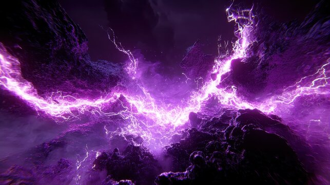 Dramatic digital storm of electric purple lightning fracturing a dark, stormy network environment