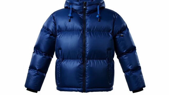 A black puffer jacket transforms into a vibrant blue winter coat. The stylish outerwear features a hood and practical zipper closure.