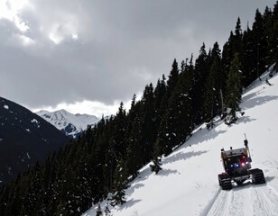 A tracked vehicle driving on a snowy mountain slope with pine trees and distant snow-covered peaks