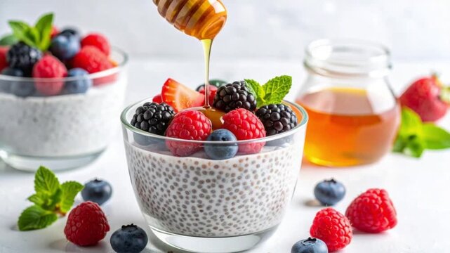 Delicious chia pudding with fresh berries and honey for a healthy breakfast