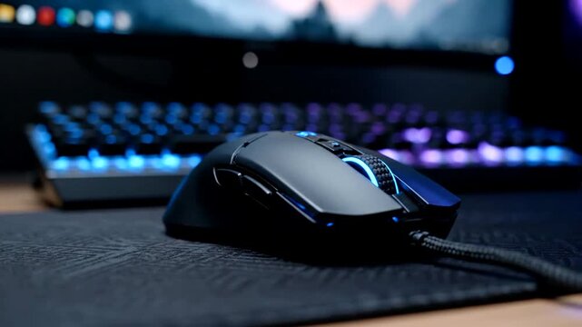Close-up of a gaming mouse on a mousepad with a backlit keyboard and monitor in the background.
