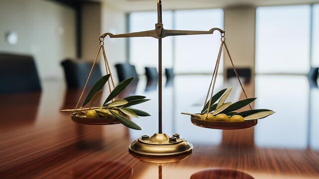 A balanced scale with olive branches symbolizes justice in a modern conference room setting