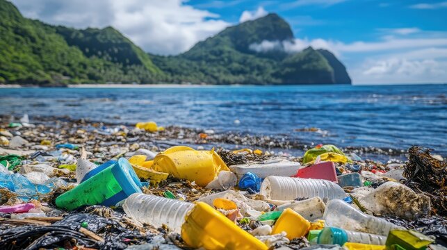 Plastic waste pollutes a beautiful tropical island shoreline with lush green mountains in the background