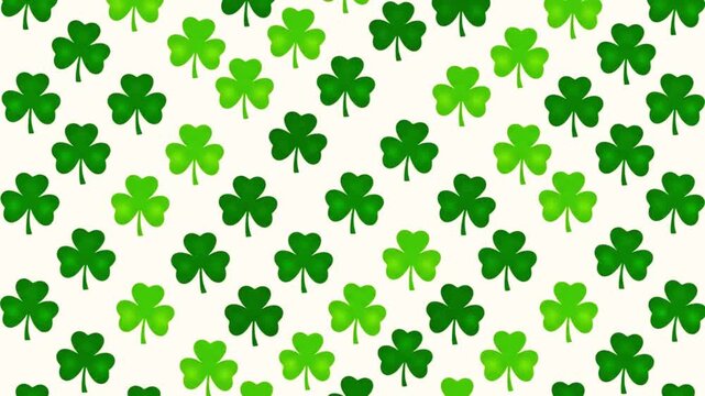 A vibrant video showcasing a pattern of green shamrocks on a white background for St. Patrick's Day celebrations.