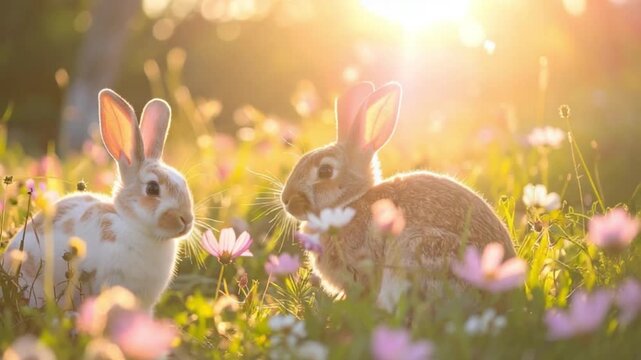 Two adorable rabbits in a sunlit meadow among colorful wildflowers