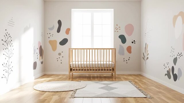 An empty room transforms into a cozy baby nursery. Modern decor and playful wall art create a welcoming space.