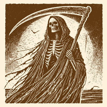 The Grim Reaper carrying a scythe against a hazy moonlit background in a vintage, sepia tone