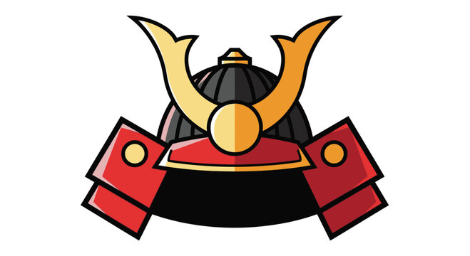&ldquo;Flat vector illustration of a traditional Japanese samurai helmet (kabuto), red and black armor with golden crescent crest, bold clean outlines, simple geometric shapes, modern flat design style, iso
