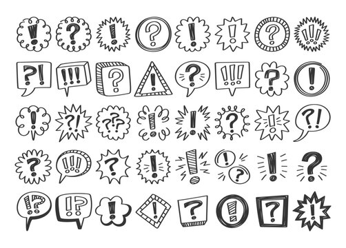 Set of hand drawn doodle exclamation and question marks inside speech bubble message icons