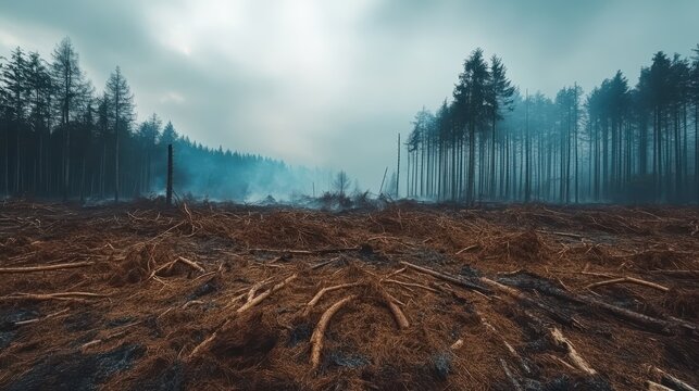 Scorched forest landscape with charred trees and smoky haze after wildfire, wide angle shot showing environmental destruction.