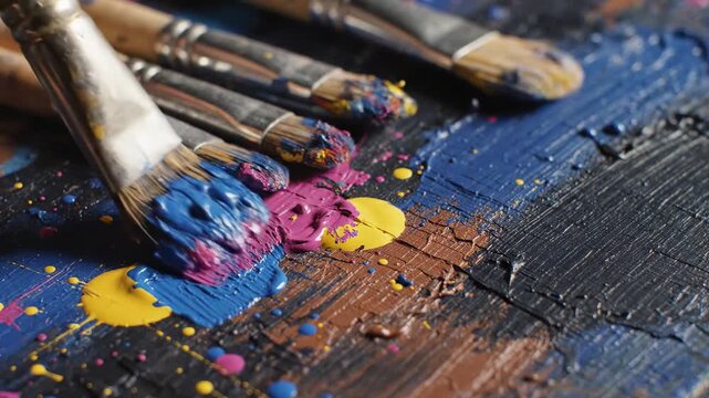Vibrant artistic expression, paintbrushes with colorful paint on a textured palette, perfect for art tutorials or creative advertisements.