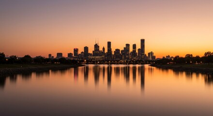 Fototapeta premium City skyline reflected in calm water at sunset
