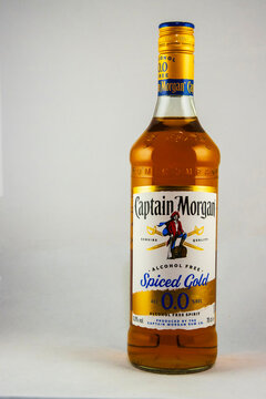 St Neots, UK - Friday 19th December 2025: A bottle of alcohol free Captain Morgan spiced rum with a light background