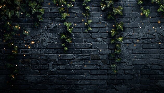 Beautiful ivy vines cascading over a textured dark brick wall adorned with twinkling lights creating a serene atmosphere