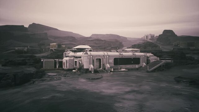 A colonist base sits isolated on a distant planet, showcasing advanced architecture amidst rocky terrain. The environment is stark and barren with a muted atmosphere, highlighting human settlement.