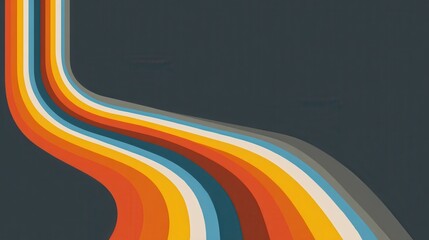 Retro 70s abstract wavy colorful rainbow stripe background on dark grey