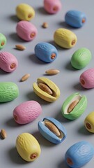 Fototapeta premium Colorful oval objects and seeds on a gray surface with overhead lighting