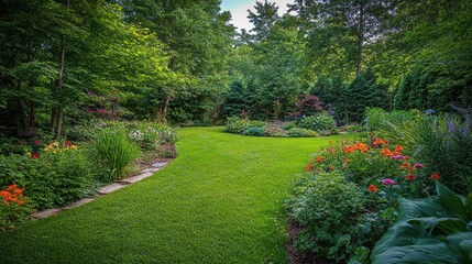Obraz premium Lush green garden with vibrant flowers and meticulously maintained lawn on a sunny day