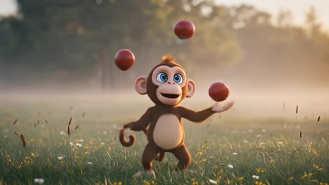 Playful cartoon monkey juggling red apples in a misty forest meadow at sunrise