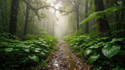Fototapeta premium Forest path through lush green vegetation with misty atmospheric lighting