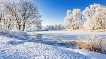 Obraz premium Serene winter landscape featuring a partially frozen lake surrounded by snow-covered trees under a clear blue sky