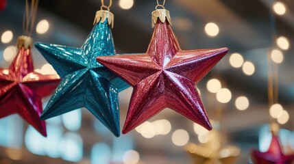 Two Shiny Star Christmas Ornaments Hanging in a Festive Display with Soft Bokeh Background