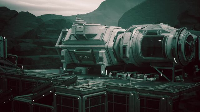 A colonist base rests on a distant planet, surrounded by rugged terrain. The structure showcases advanced technology, illuminated by the dim light of twilight, hinting at human settlement.