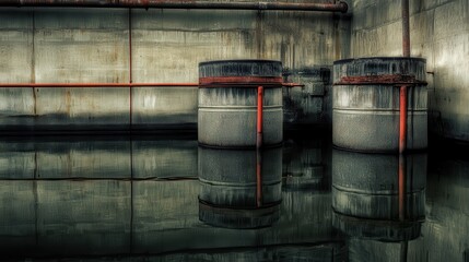 Industrial Waste Barrels Floating Near Factory Discharge Outlet, Reflecting in Grimy Water