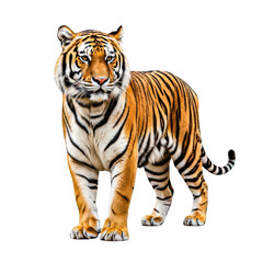 Obraz premium Majestic tiger with striking orange and black stripes stands proudly on a black background. isolated on transparent background