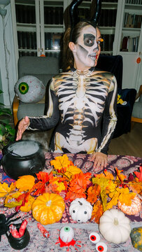 Woman With Skeleton Makeup at Halloween