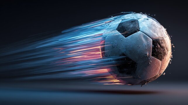Fast soccer ball with blue and purple motion blur trails on dark background