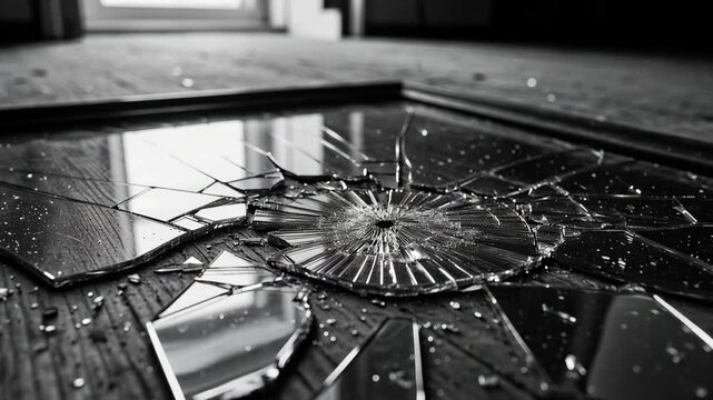 Broken glass on a wood floor showcasing shattered pieces, concept of destruction, damage, and fragility