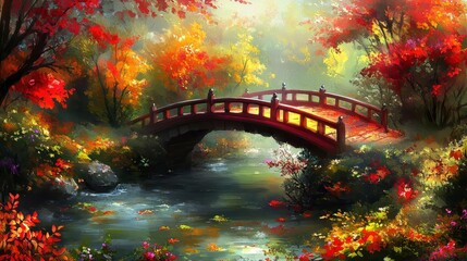 Vibrant Japanese Arch Bridge With Crimson Railings Over Serene Autumn River