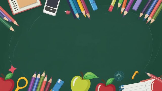 Chalkboard background with a colorful frame of school supplies, including pencils, notebooks, and apples, perfect for educational themes, learning content, and back-to-school designs