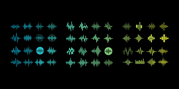 Abstract audio waveform logo collection with vibrant colors on black background for music, sound branding, and digital media projects.