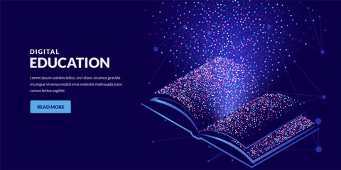 Isometric 3d vector book made of dots. Abstract modern concept design for knowledge, education and digital technology