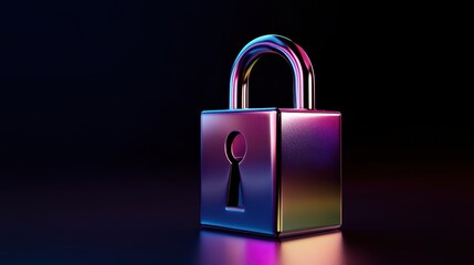 Fototapeta premium Secure padlocked symbol with vibrant iridescent colors on a dark reflective surface representing digital security and encryption technology