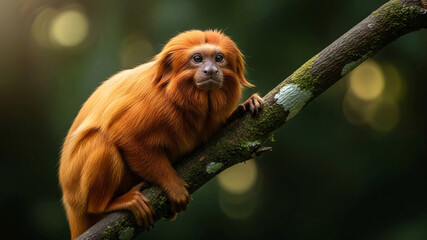 Fototapeta premium Curious orange monkey perched on mossy tree branch in forest