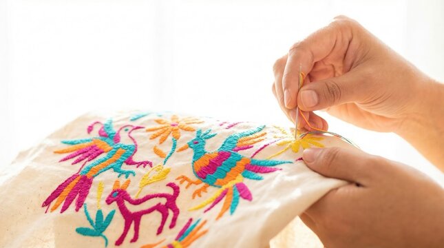 Person's hands doing colorful Tenango-style embroidery, stitching vibrant mythical birds and flowers onto off-white fabric.