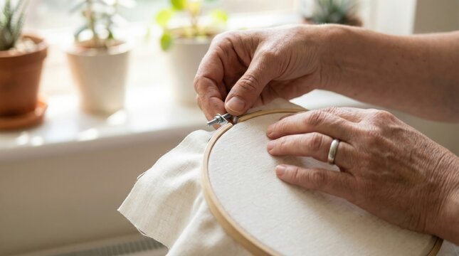 Person's hands adjusting the screw on a wooden embroidery hoop to stretch a piece of canvas for needlework.