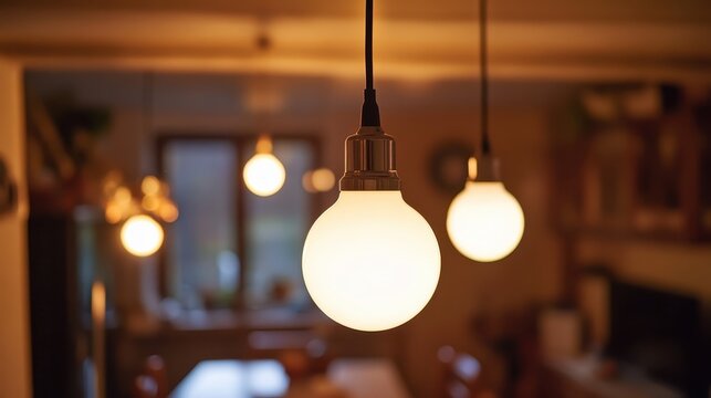Warm glowing vintage-style LED bulbs illuminate a cozy home interior with soft ambient lighting