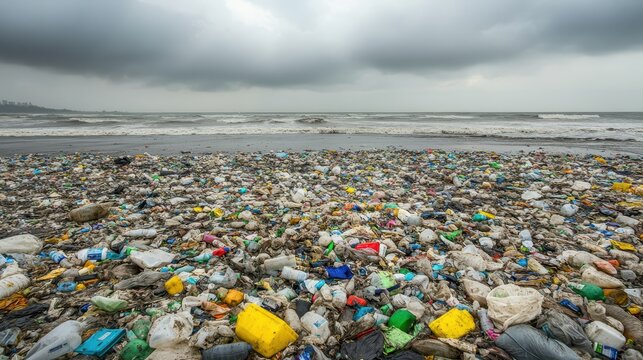 Vibrant but polluted beach covered in plastic waste with stormy ocean and overcast sky
