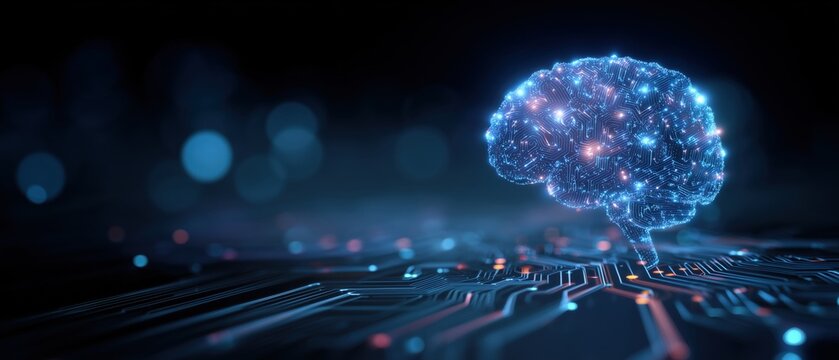 abstract background with a blue digital brain and colorful circuit board patterns, representing an artificial intelligence concept Generative AI