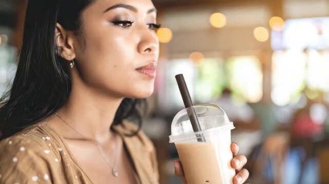 Young woman enjoying a refreshing bubble tea with tapioca pearls in a cafe