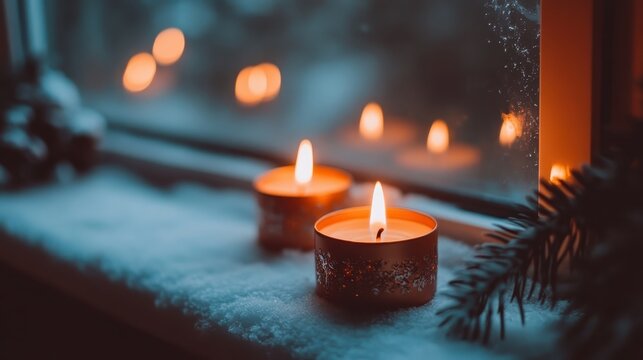 Warm candle lights glowing on a snowy windowsill, creating a cozy winter wonderland ambiance for the holidays.